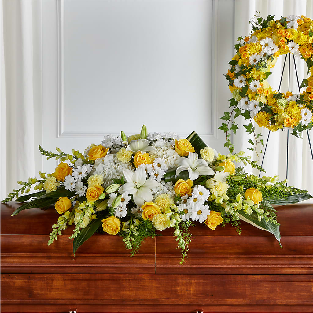 Golden Harmony Casket Spray – Fairy Queen Floral, Madera CA