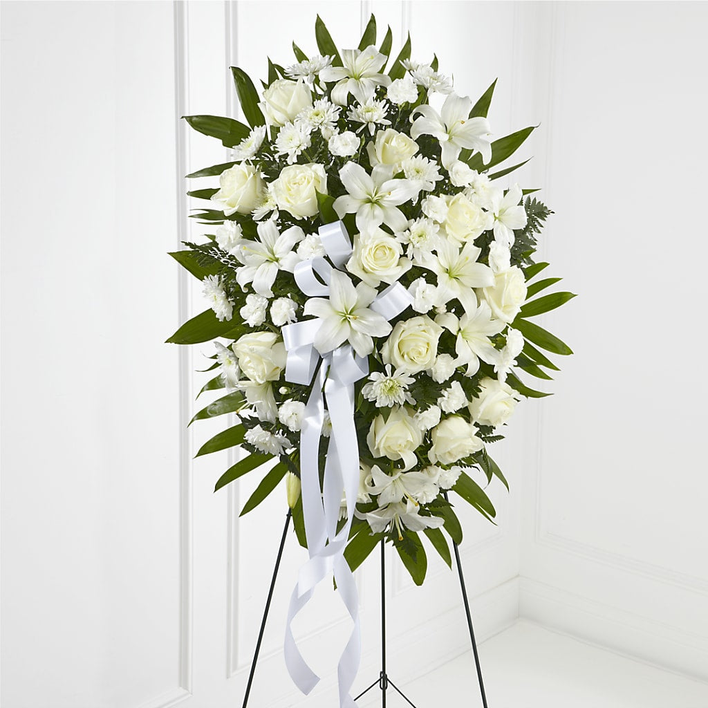 Exquisite Tribute Standing Spray-White Ribbon – Fairy Queen Floral, Madera CA