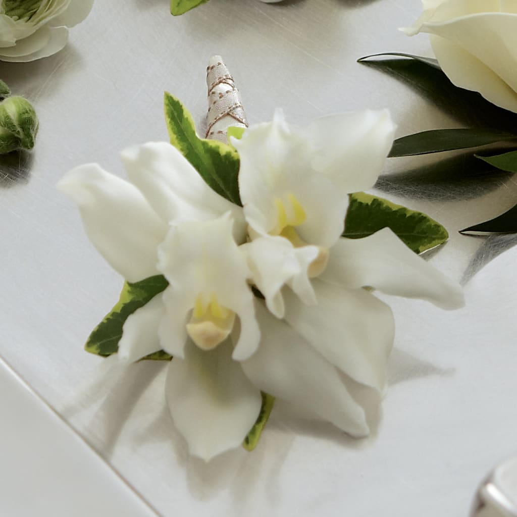 White Mini Cymbidium Boutonniere – Fairy Queen Floral, Madera CA